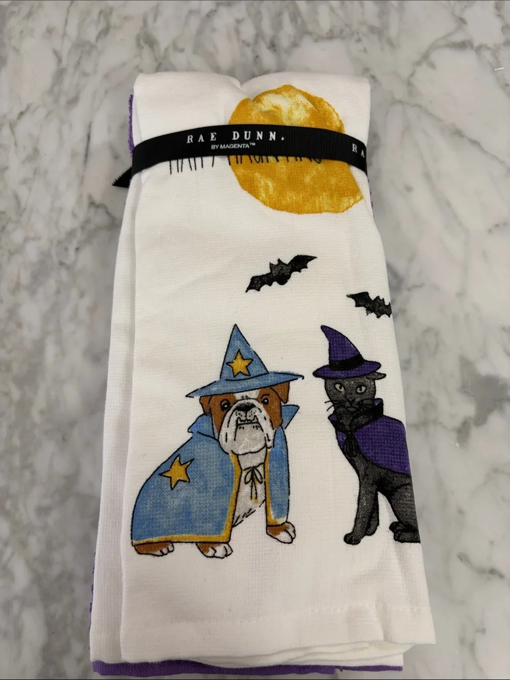 NWT Rae Dunn Happy Haunting Dog & Cat Halloween Bats Kitchen Towels White